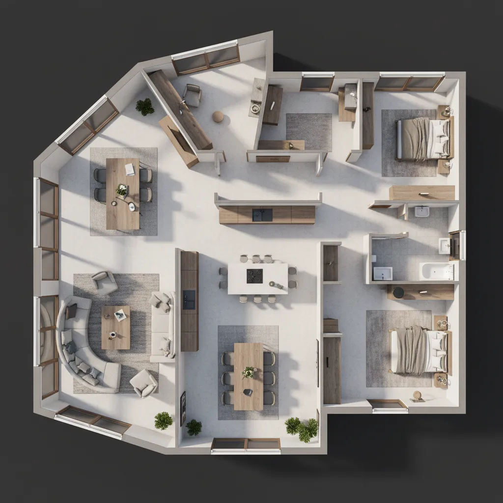 Modern house interior design drawing showing curved sofa, dining areas, two bedrooms, and kitchen island