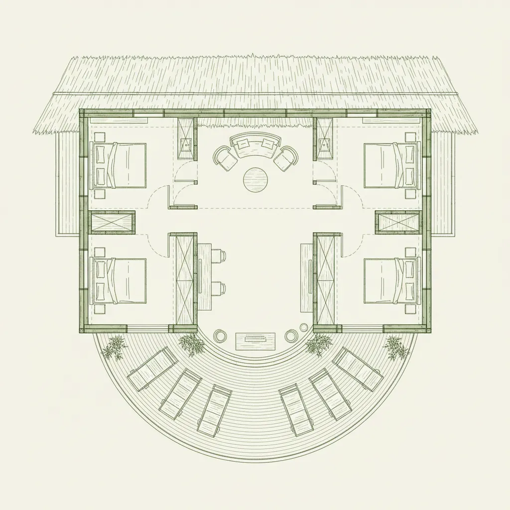 Layout rumah bambu eco lodge dengan ruang tengah terbuka