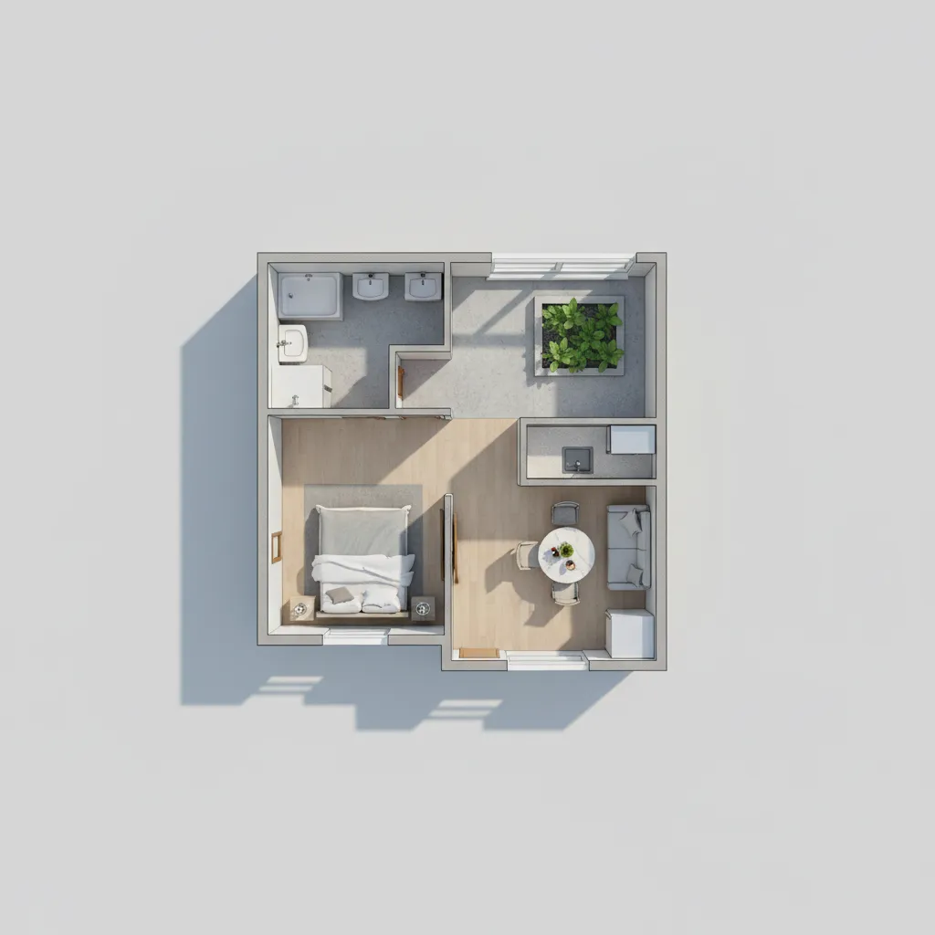 Top view interior design drawing of a one bedroom house with indoor plants and furniture