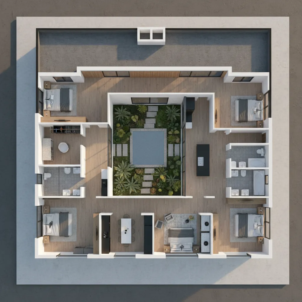 Detailed interior design drawing of house with central garden pool four bedrooms and room layout