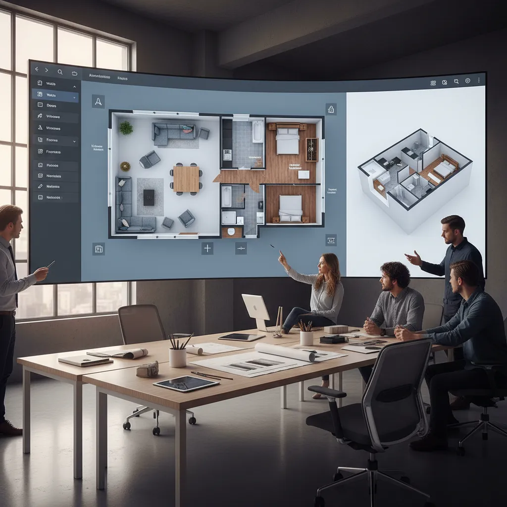Design team in a meeting room looking at a large screen showing room layout software