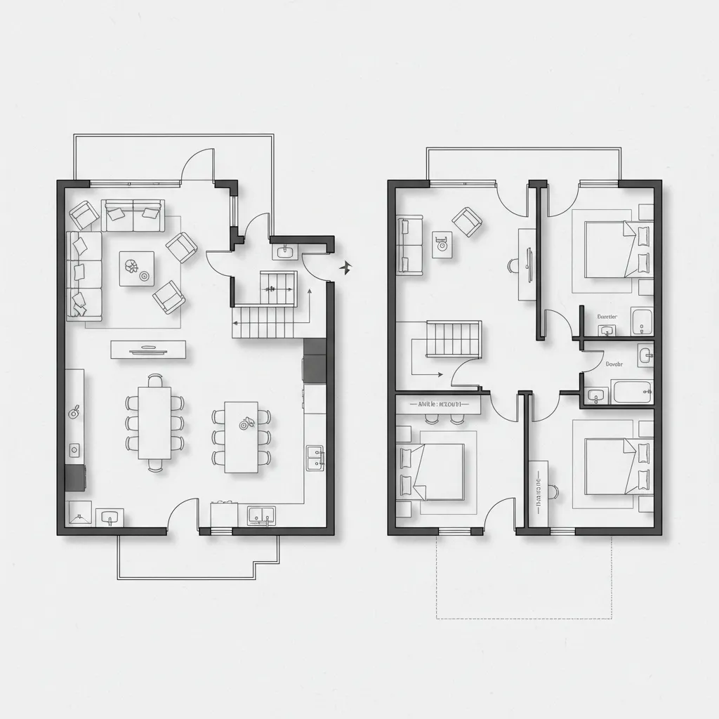 Interior design drawing showing a two floor house layout with furniture in black and white