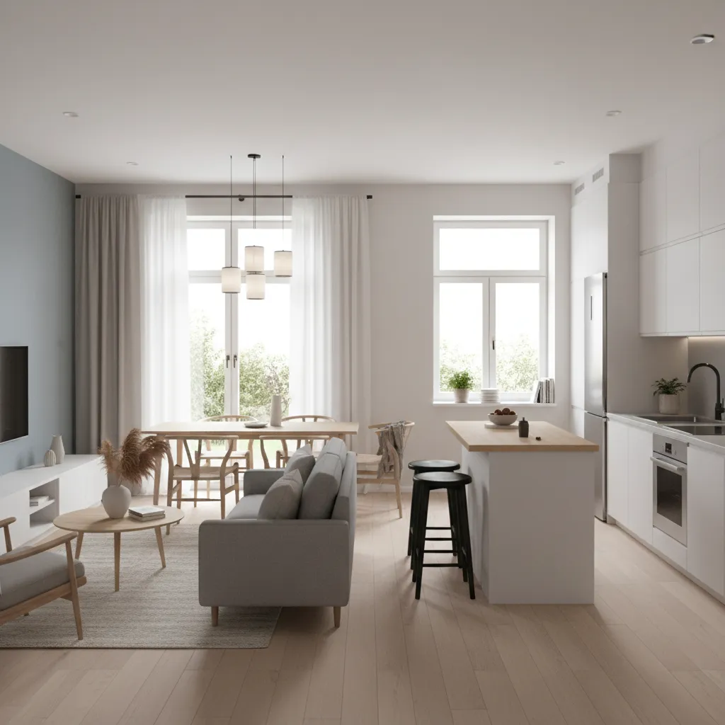 Bright open plan living room white kitchen grey sofa wooden dining table and small stools