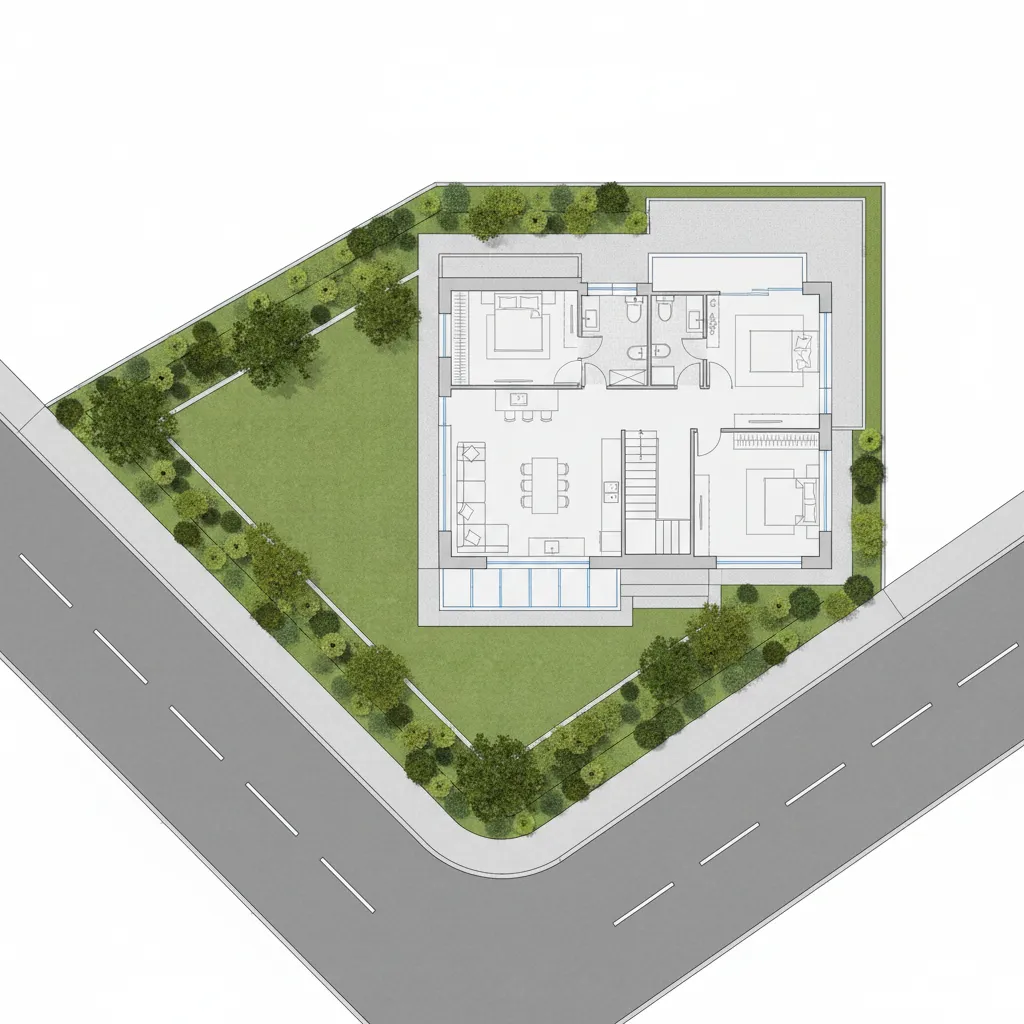 Ilustrasi layout rumah dua lantai di lahan hook