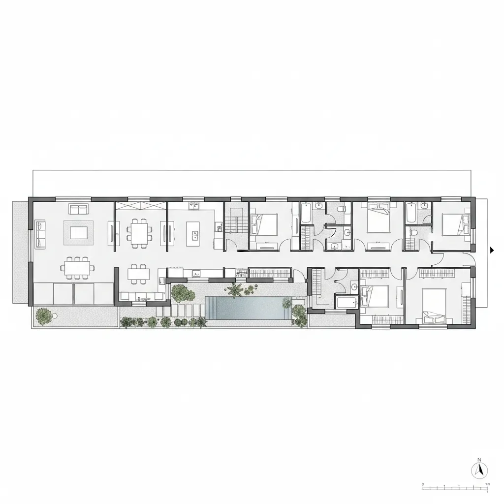 Detailed interior design drawing of a long house with many bedrooms dining area and pool