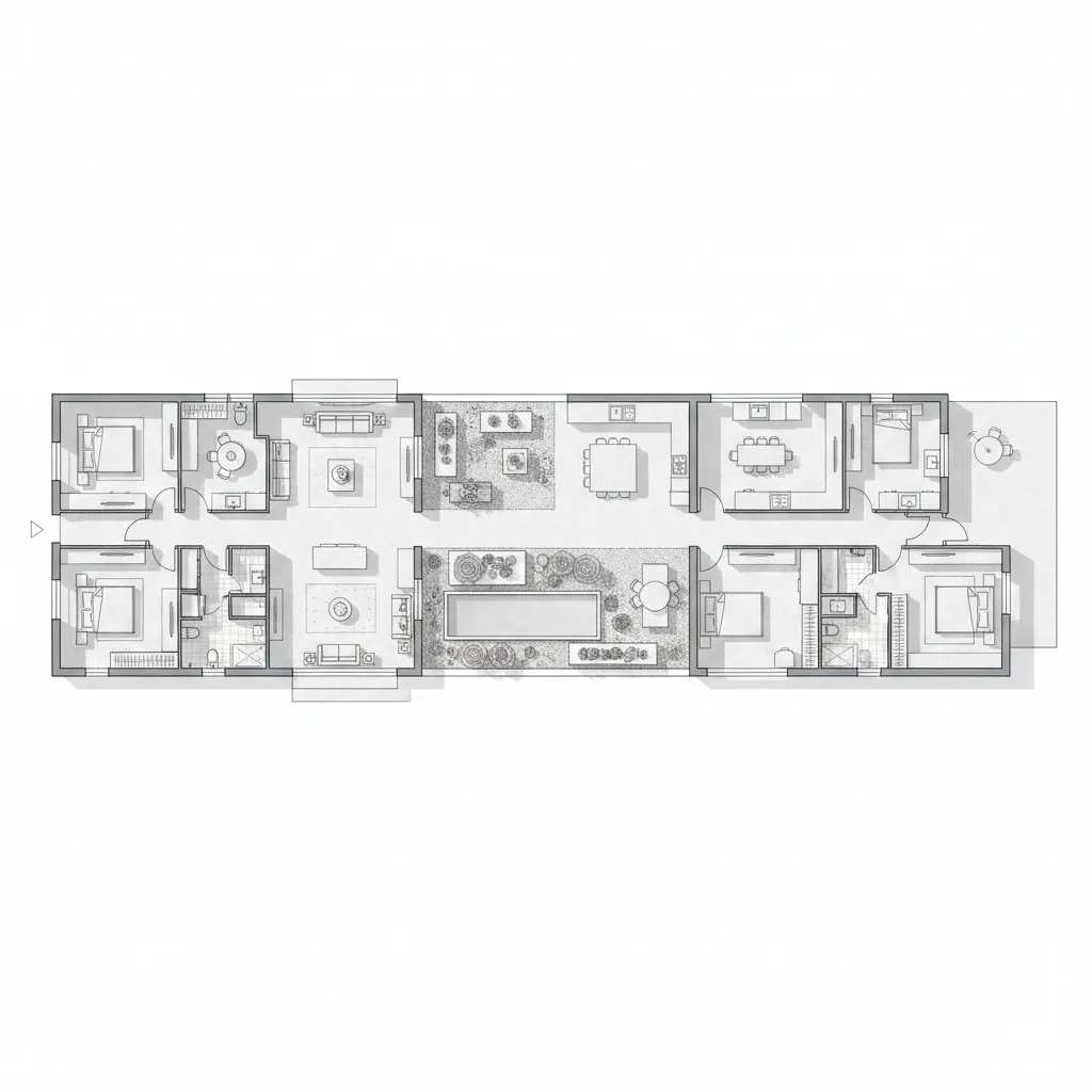Layout rumah horizontal modern dengan taman samping