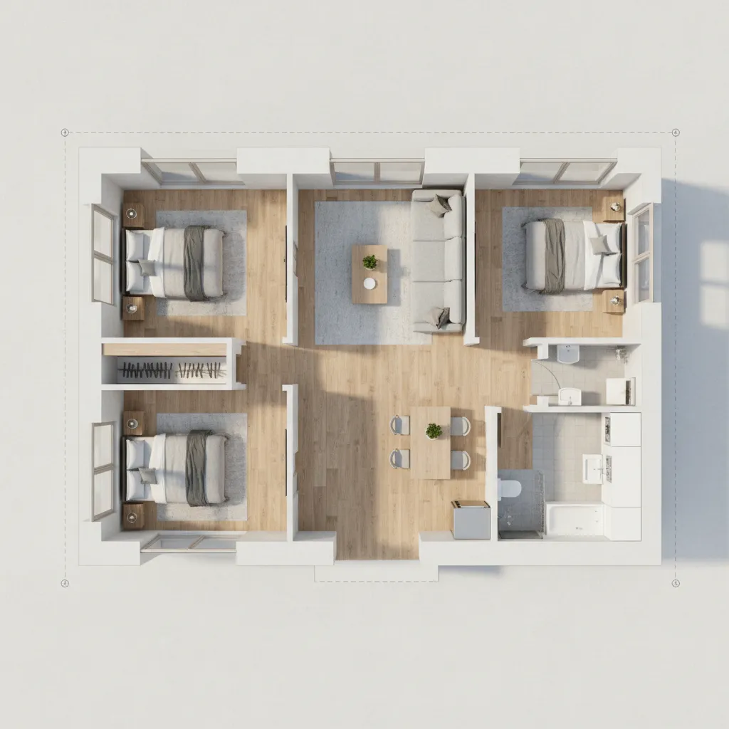 Interior design drawing of three bedroom apartment layout showing living room kitchen and wood flooring