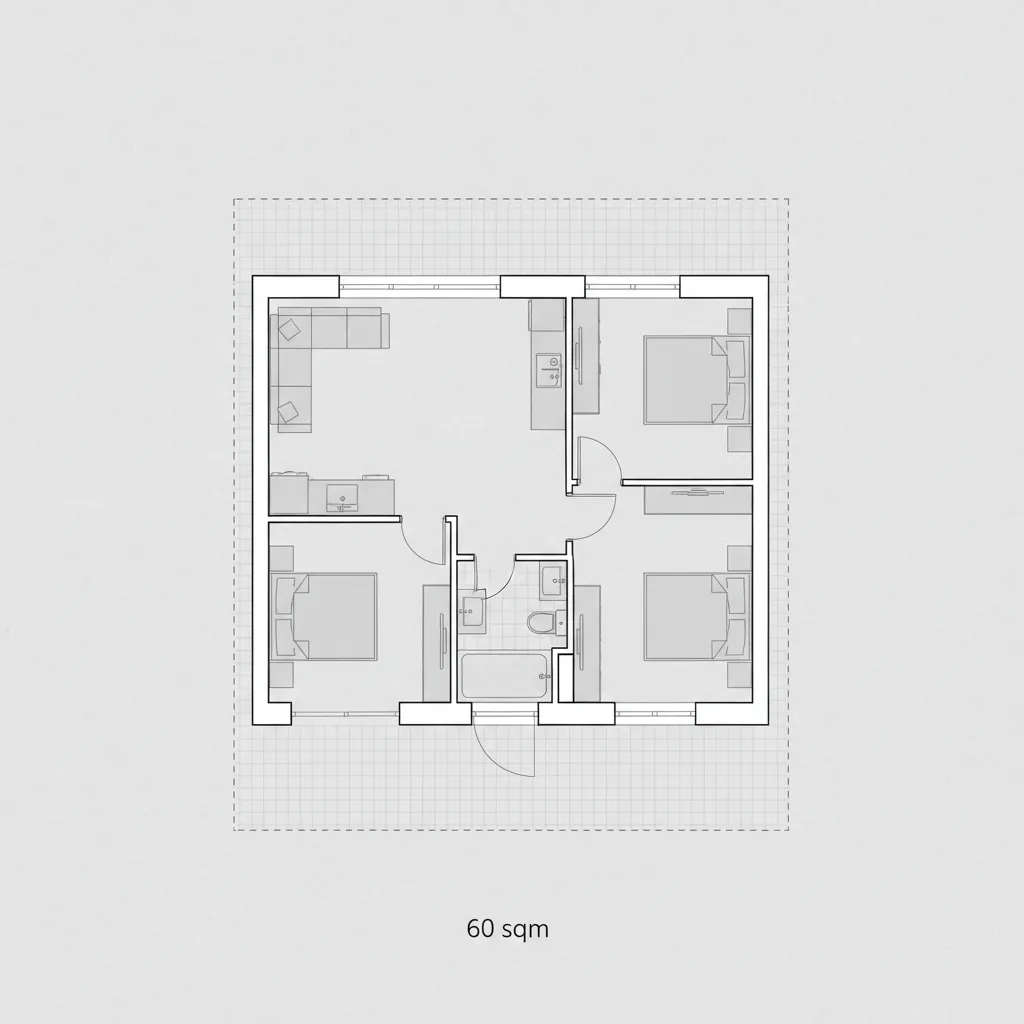 Simple 2D black and white interior design drawing of a house with three bedrooms layout