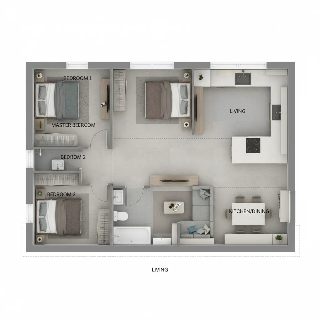 Top down house plan with three bedrooms living room kitchen dining area and grey floors
