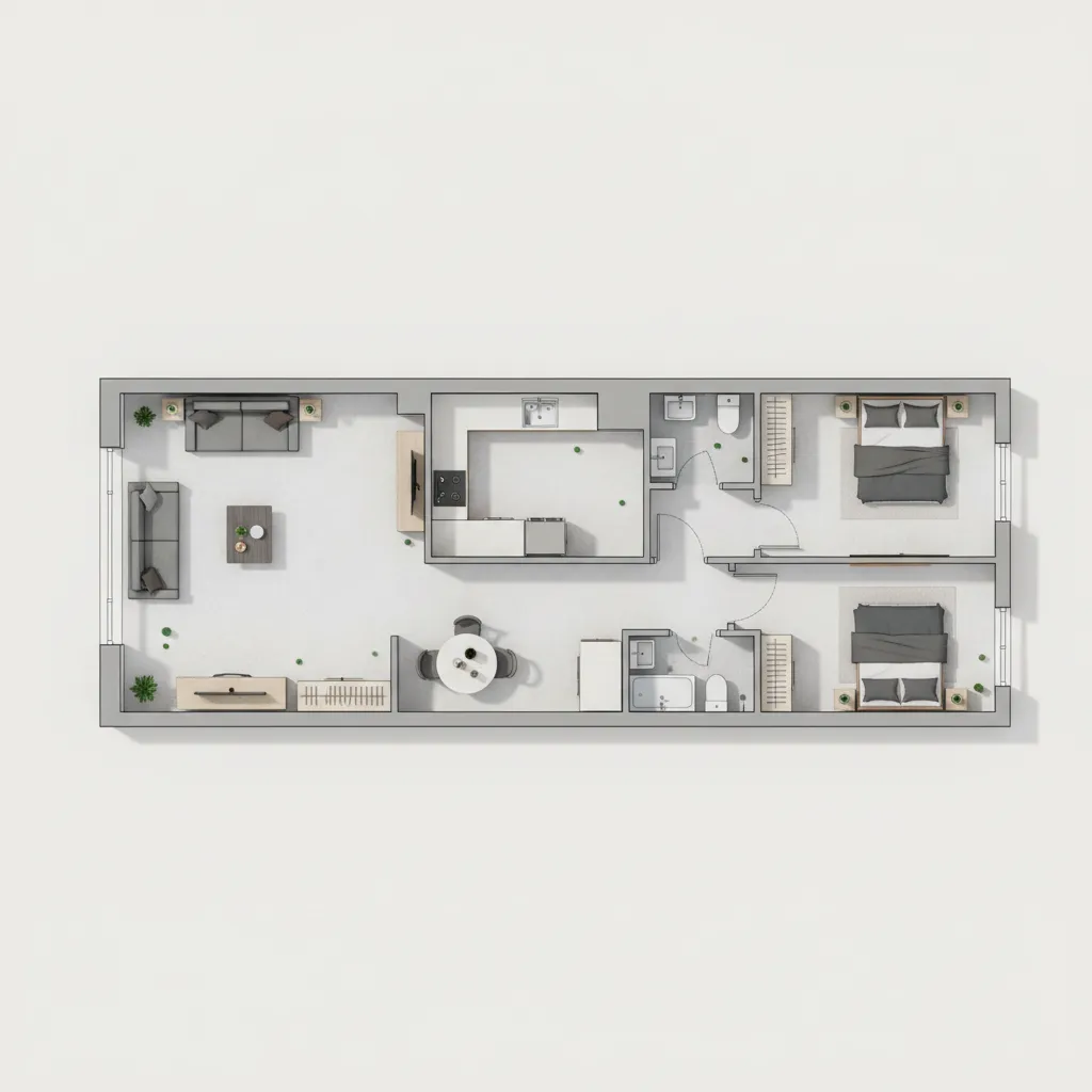 Layout rumah kecil 5x10 meter dengan ruang tamu terbuka