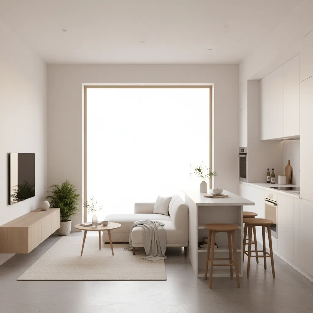 Minimalist white living room with small sofa kitchen island wood stools and a large window
