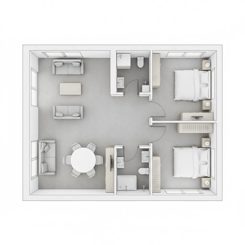 Denah rumah kecil 6x6 dengan ruang tengah terbuka