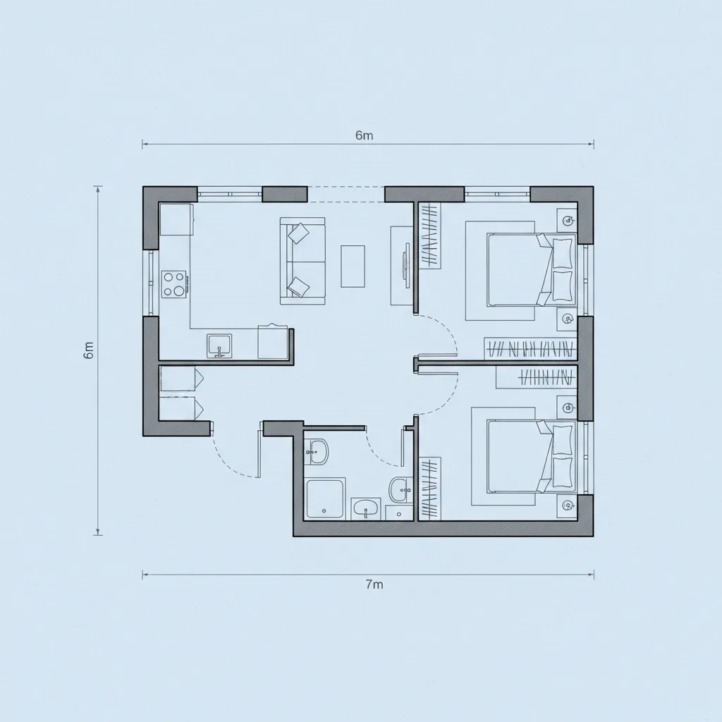 Interior design drawing of small house layout with two bedrooms kitchen living room and bathroom