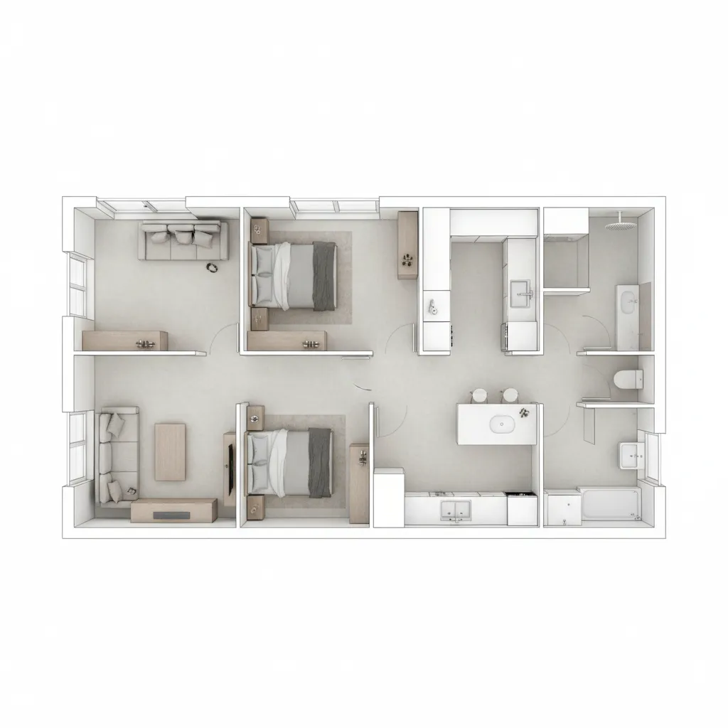 Contoh layout rumah kecil dengan pembagian ruang memanjang