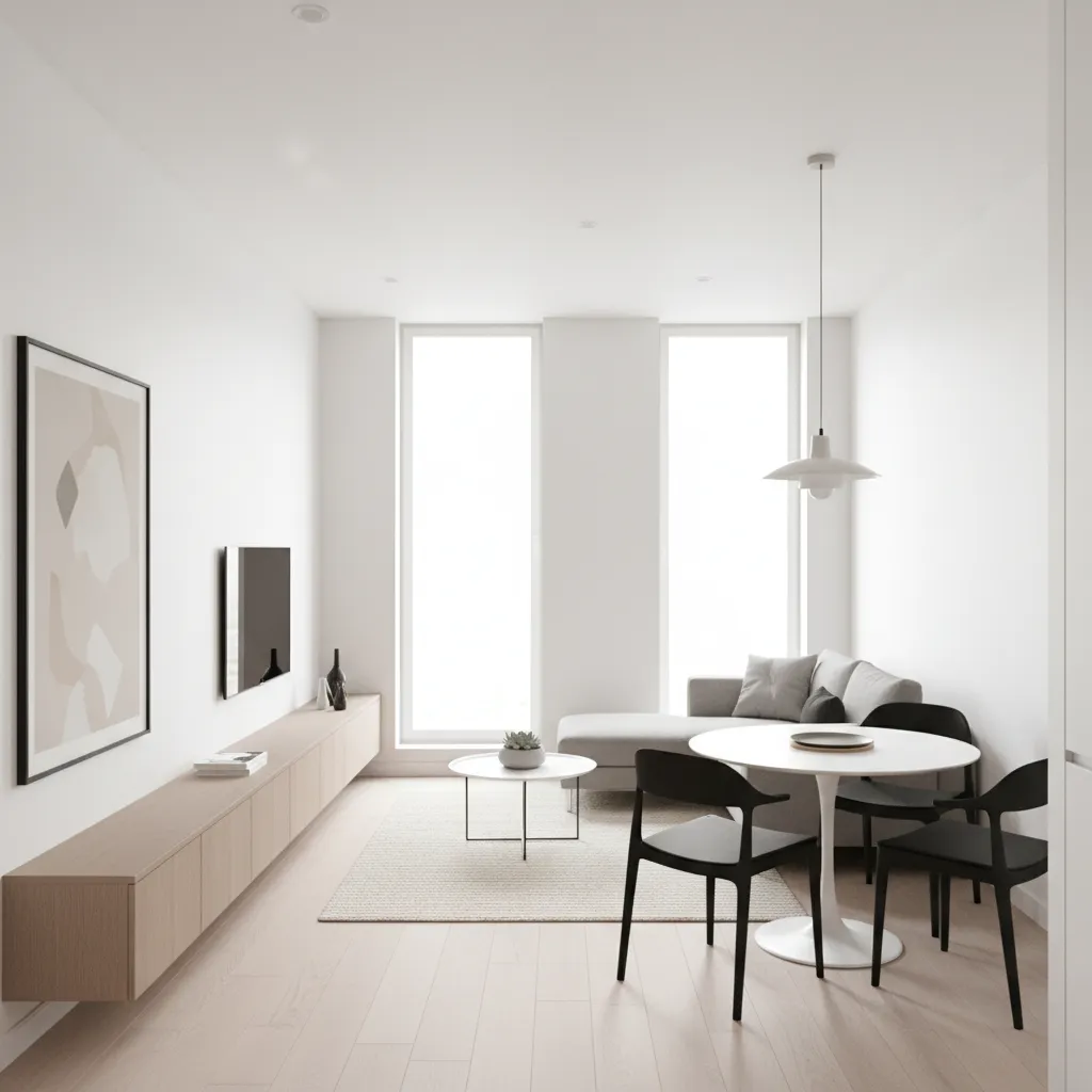 Contoh tata ruang rumah kecil dengan ruang tamu dan ruang makan menyatu