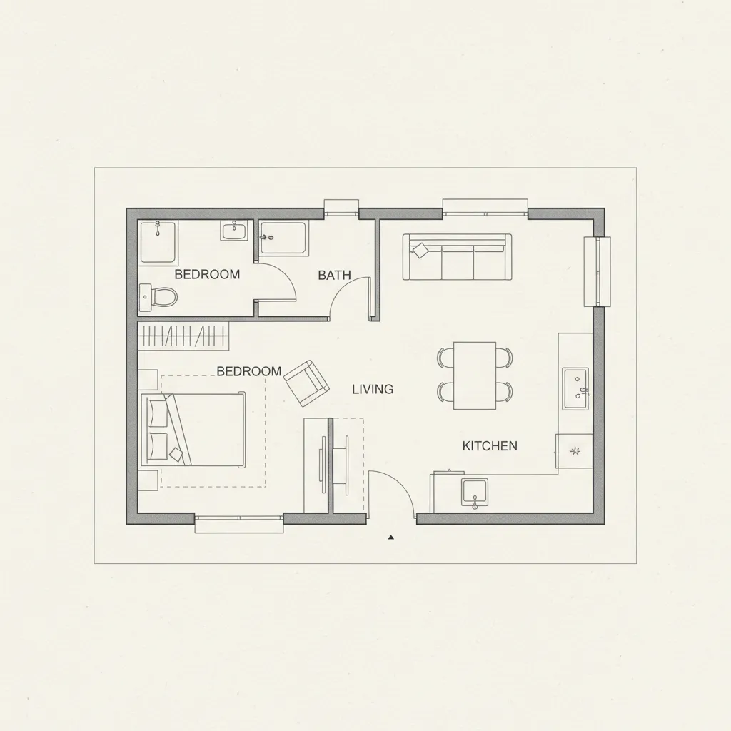 Minimalist 2D floor plan drawing with a single bedroom bath living room and open kitchen