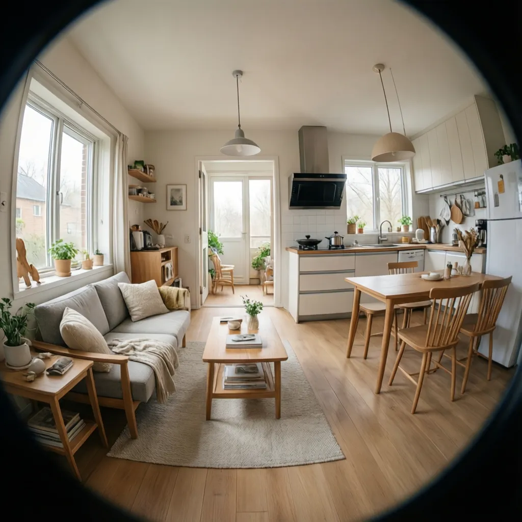 Interior rumah kecil dengan ruang tamu dan dapur terbuka