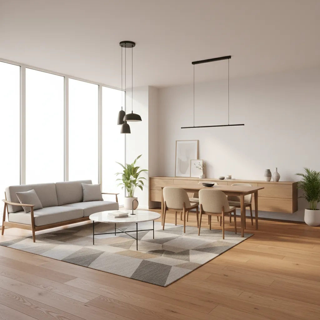 Modern open living and dining area with grey sofa, wooden floor, and large bright windows