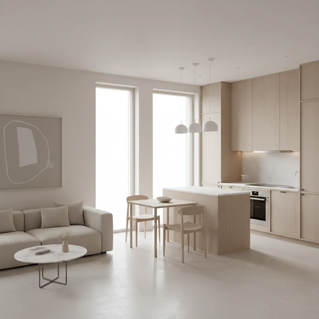 Minimalist open plan living room with light wood kitchen cabinets beige sofa and dining table