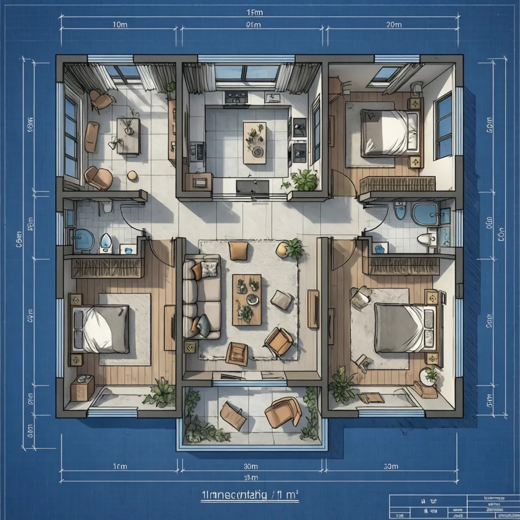 Detailed house floor plan with three bedrooms, two bathrooms, living room, kitchen, and blue background