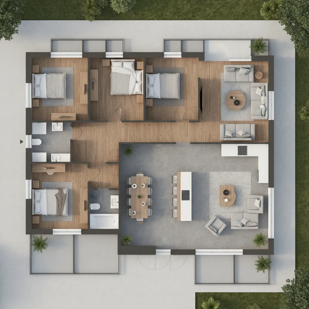Interior design drawing showing a house layout with four bedrooms living area and kitchen space