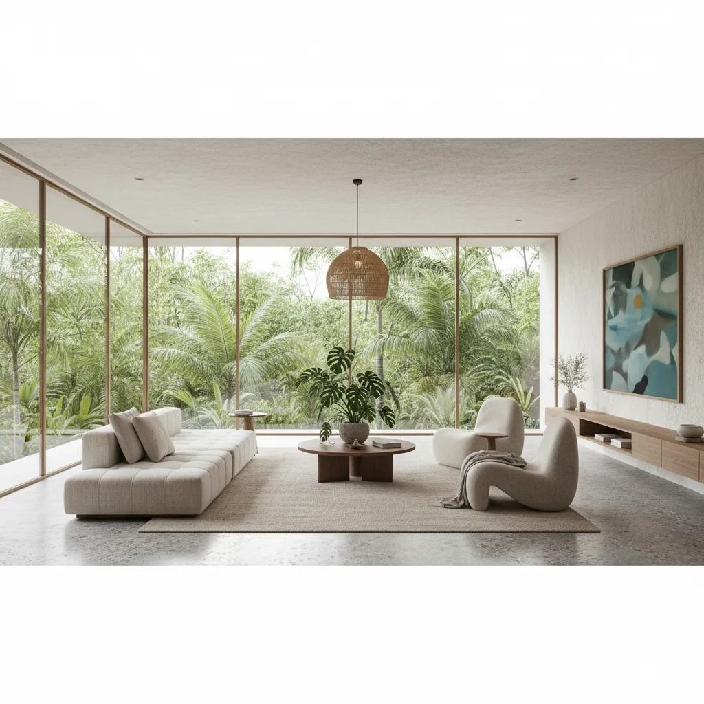 Interior rumah dengan ruang keluarga luas pada layout melebar