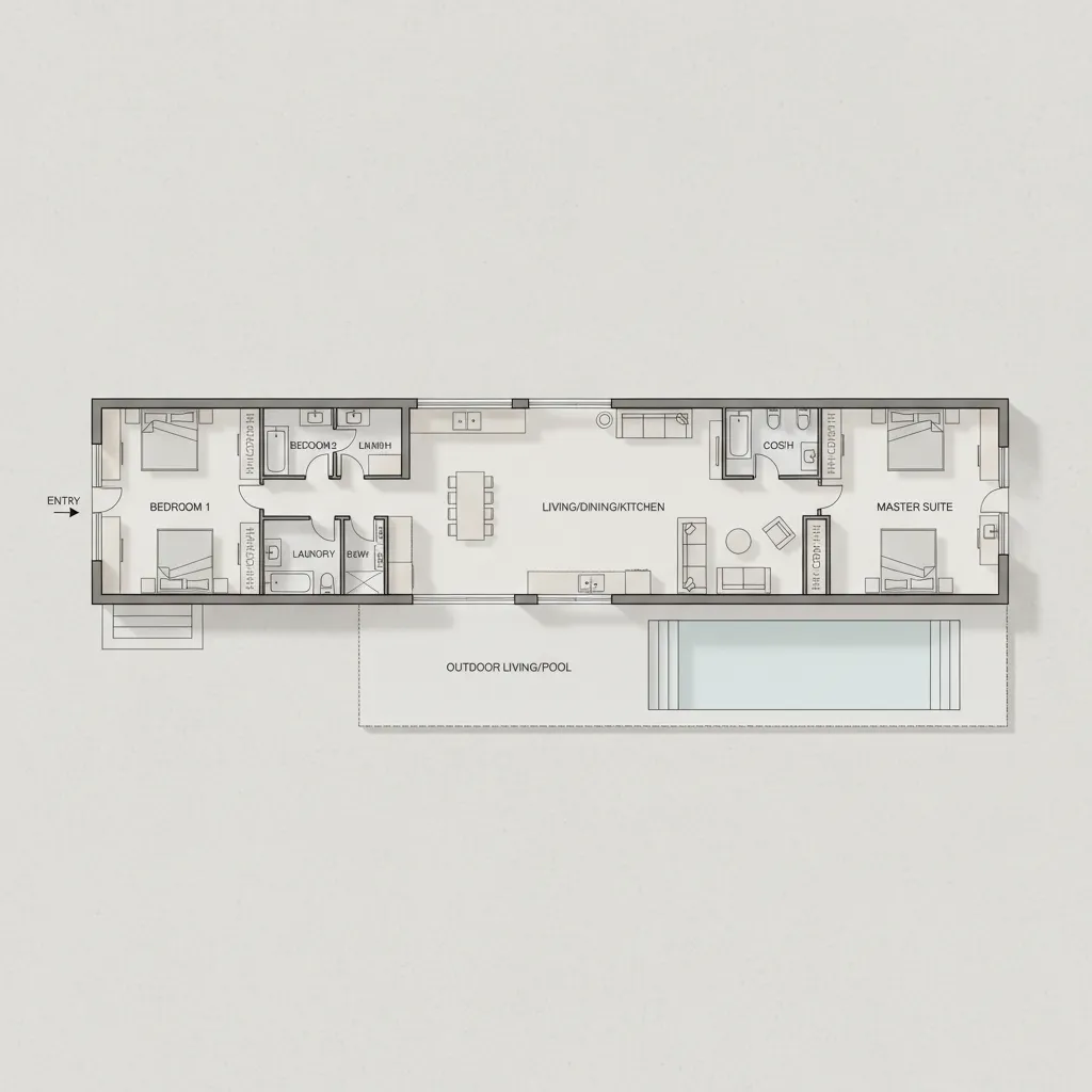 Denah rumah memanjang dengan pembagian zona ruang