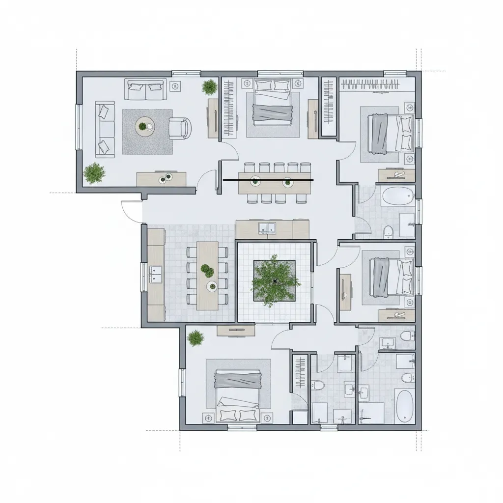 Detailed house floor plan showing four bedrooms living room kitchen dining area and central garden
