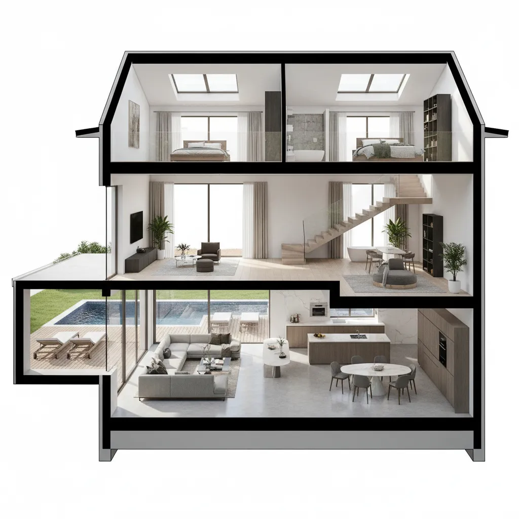 Interior design drawing showing a three-story house layout with living room kitchen and upstairs bedrooms