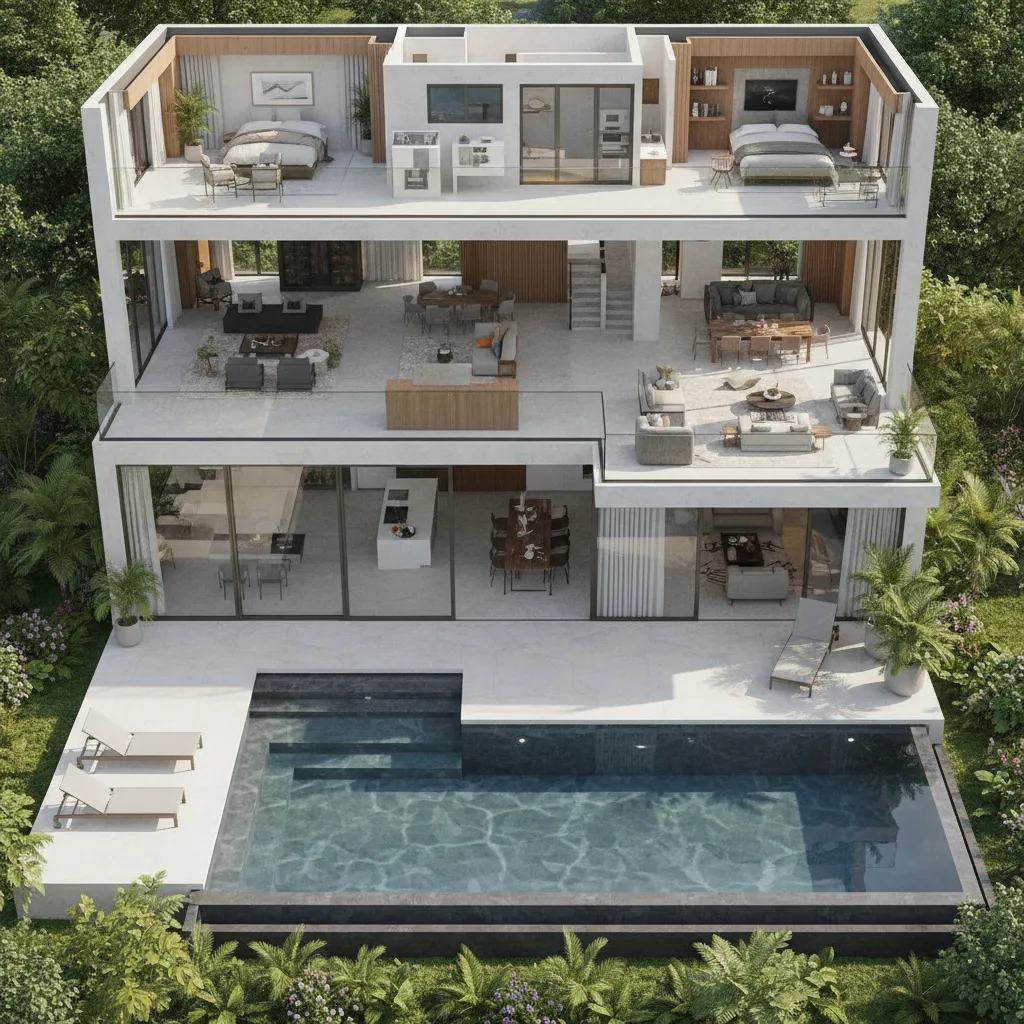 Layout rumah mewah dua lantai dengan kolam renang dan taman