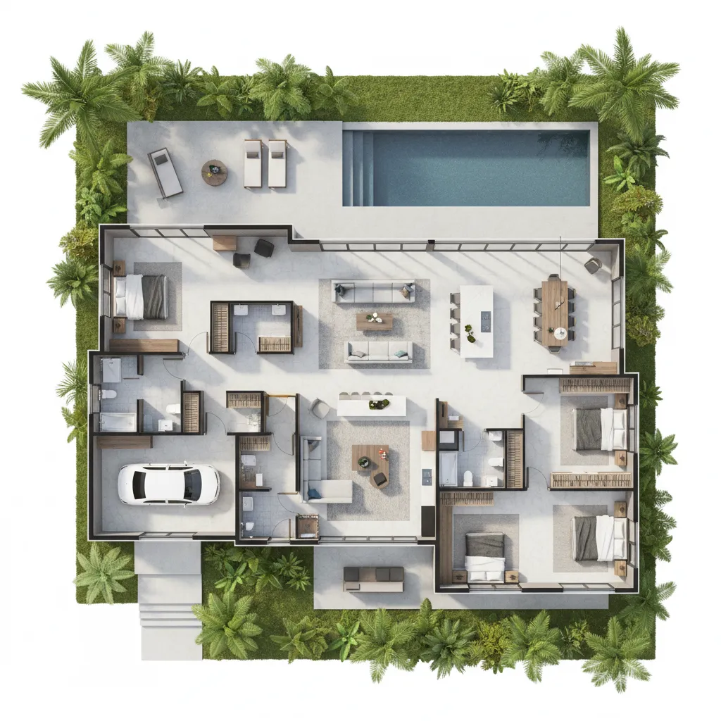 Denah rumah mewah modern satu lantai dengan ruang keluarga besar