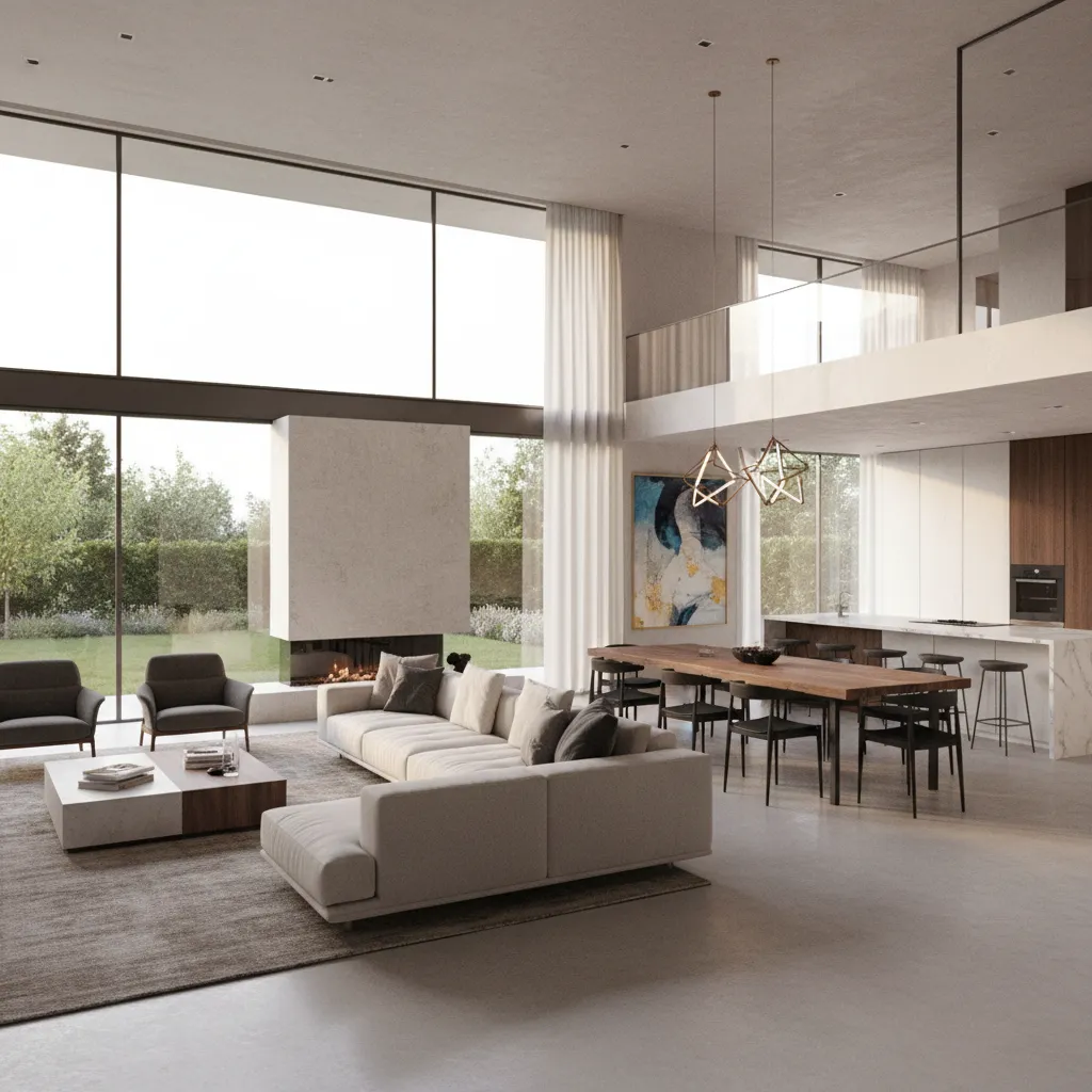 Visualisasi tata letak rumah mewah modern dengan ruang terbuka