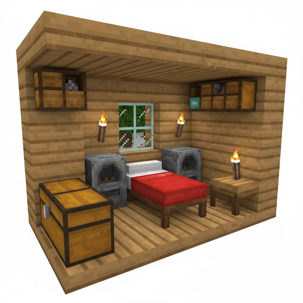 Layout interior rumah Minecraft kecil dengan tempat tidur dan crafting table