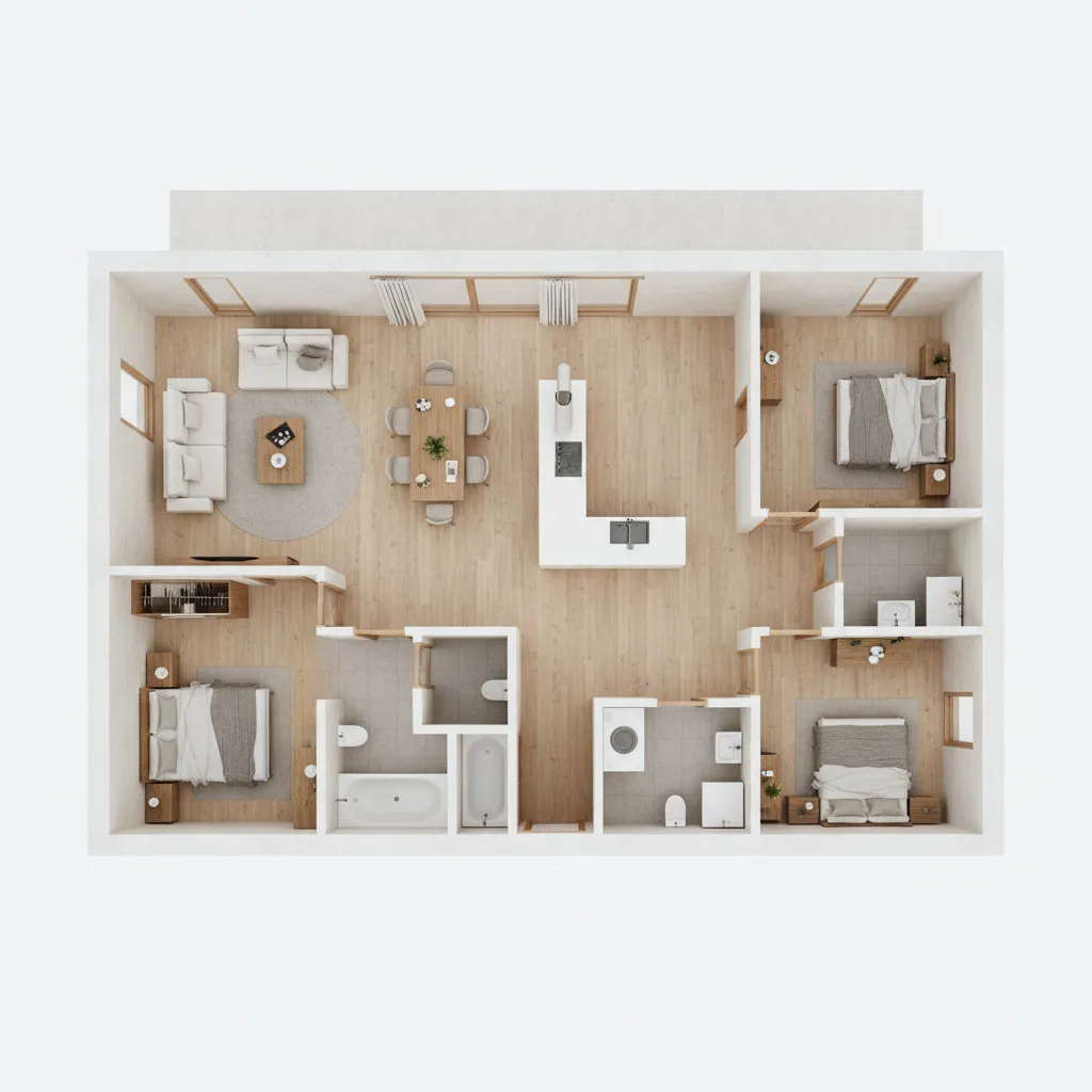 Detailed three bedroom house floor plan layout including living room kitchen dining area and bathrooms