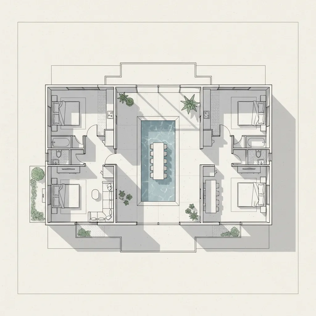 Interior design drawing of a floor plan with four bedrooms and a central swimming pool