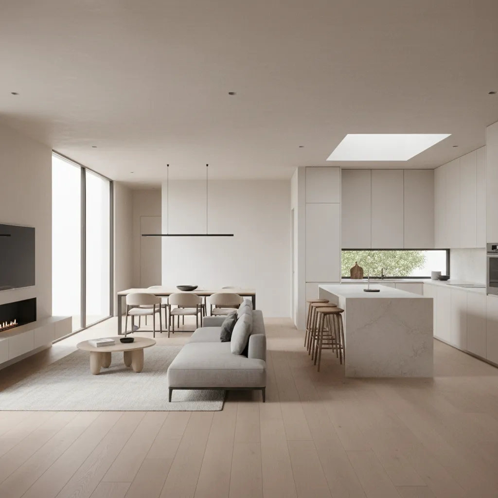 Minimalist open plan living room with grey sofa wood flooring kitchen island and dining furniture