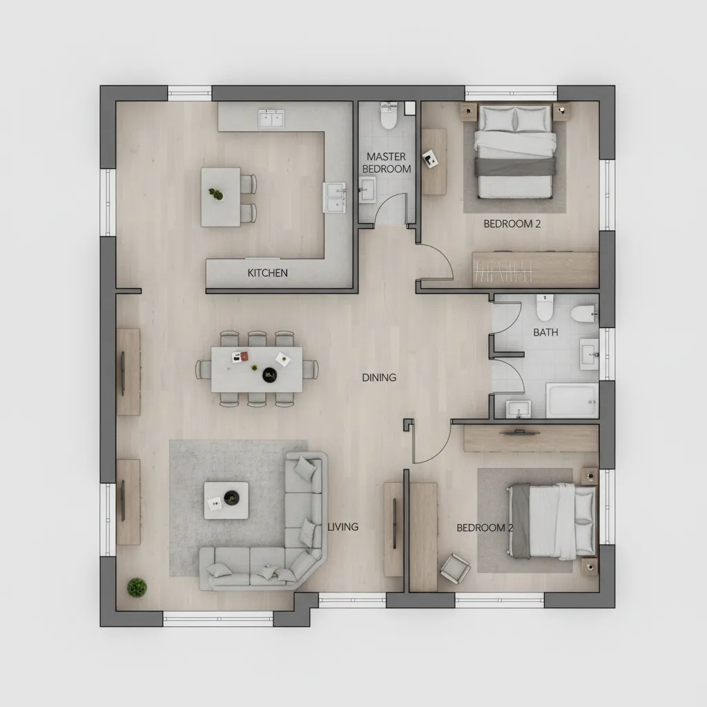 Modern house interior design drawing with two bedrooms kitchen dining area and large grey sofa