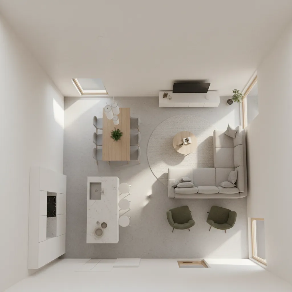 Minimalist open plan room layout with gray sofa dining table and white kitchen island seats