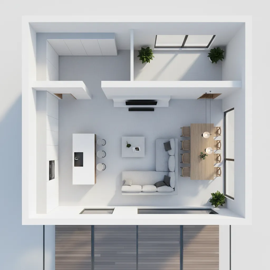 Denah rumah modern dengan ruang terbuka