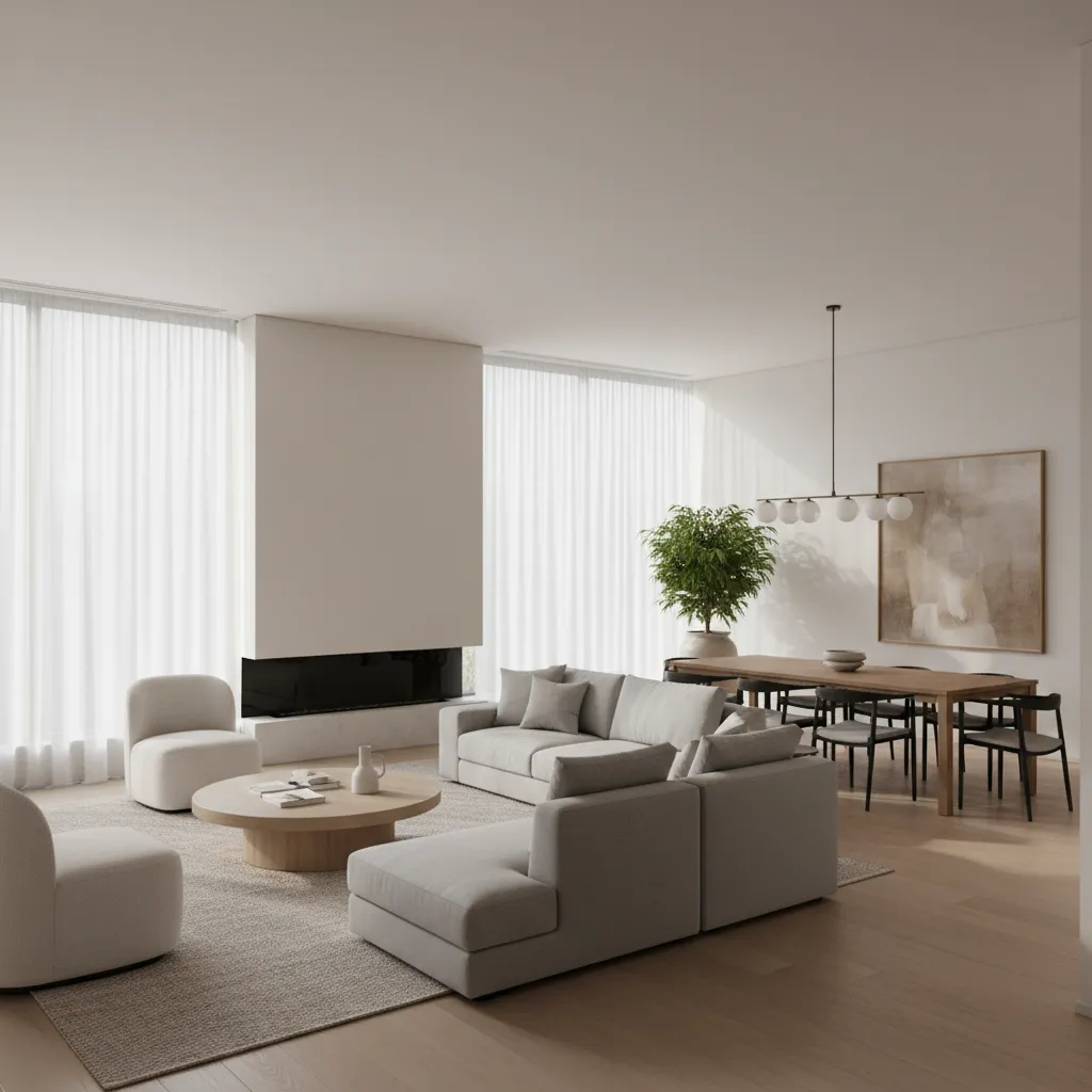 Ruang keluarga dan ruang makan open plan dalam rumah modern