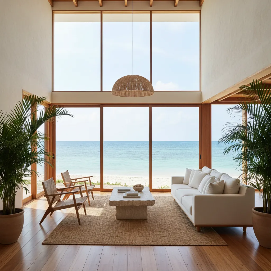 Interior rumah pantai dengan ruang tamu terbuka dan jendela besar