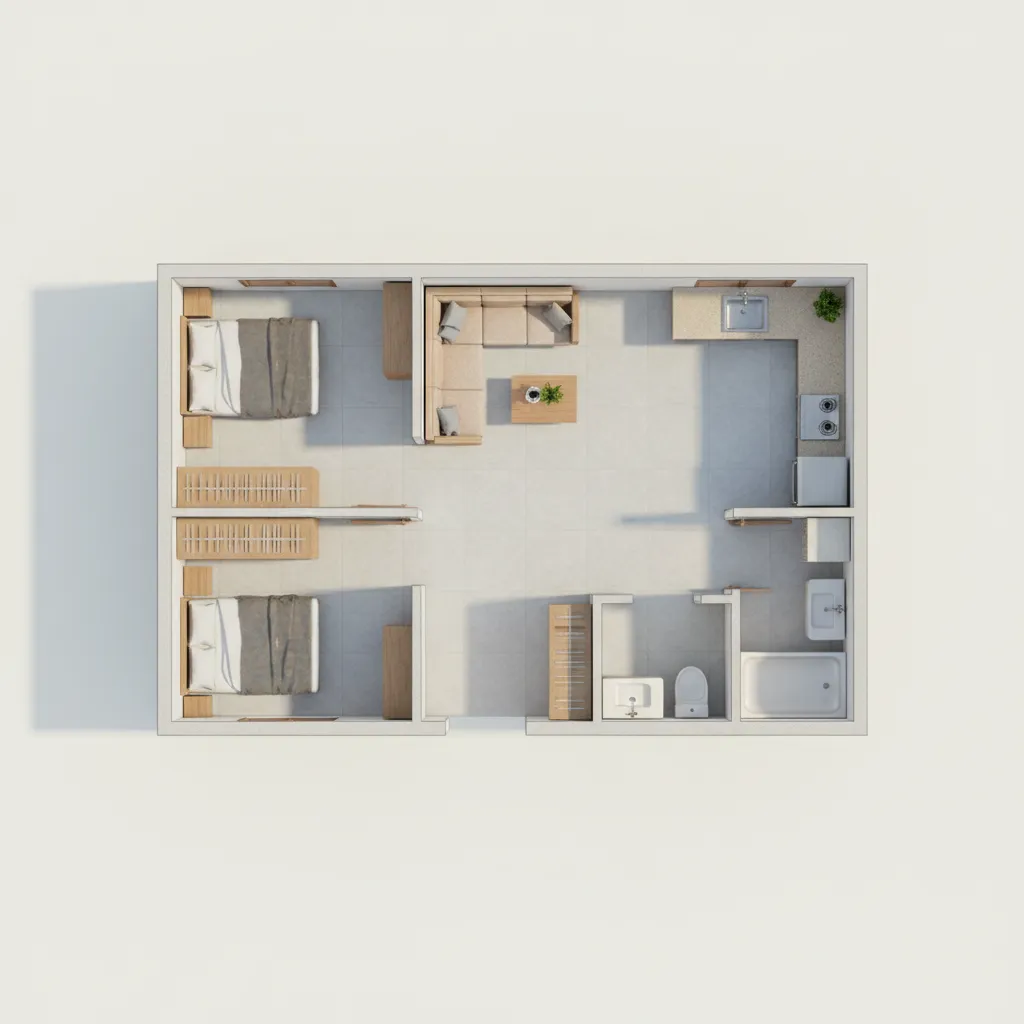 Top down 3D floor plan showing two bedrooms living area kitchen bathroom and light flooring