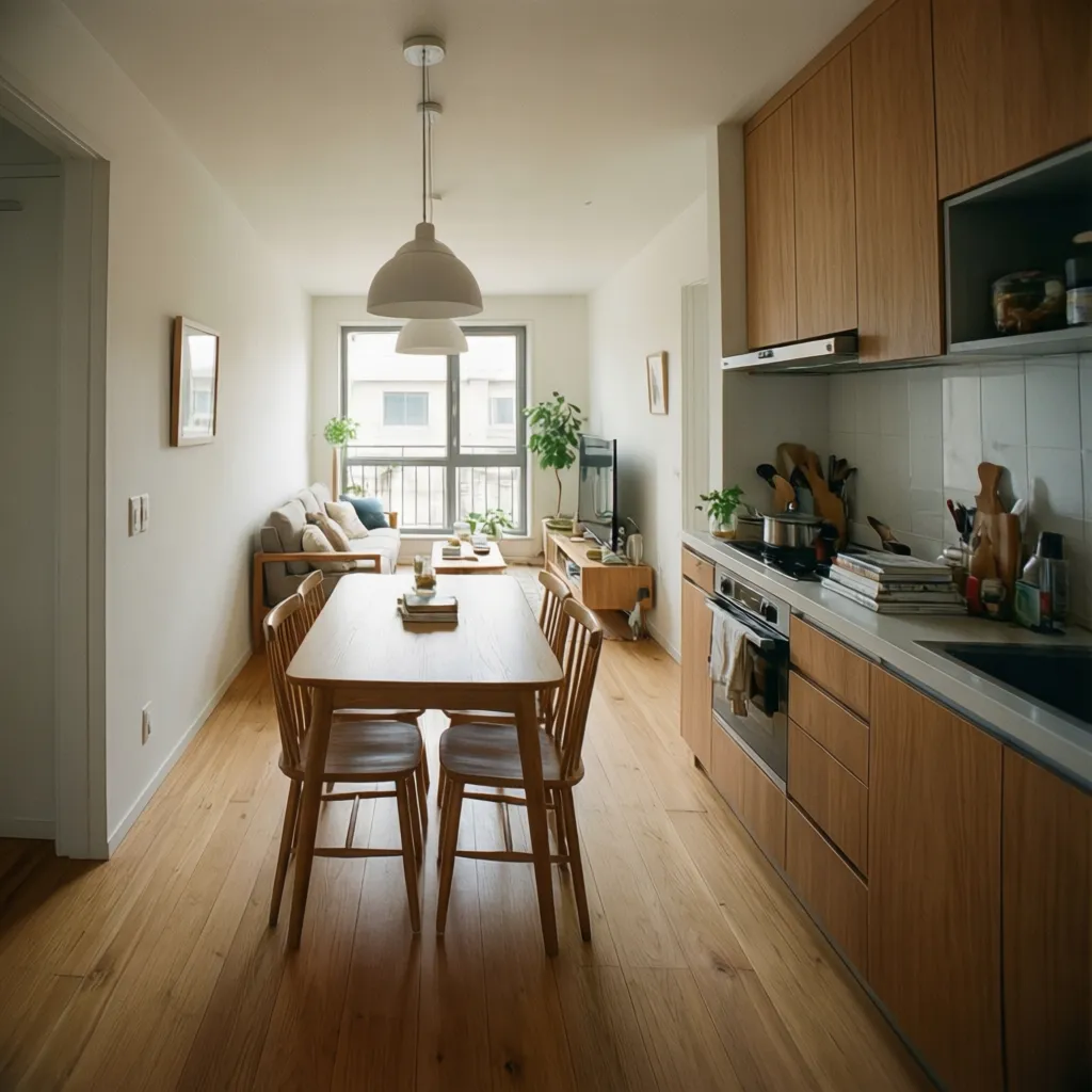 Narrow open plan living space with wooden kitchen cabinets, dining table, sofa, and wood flooring