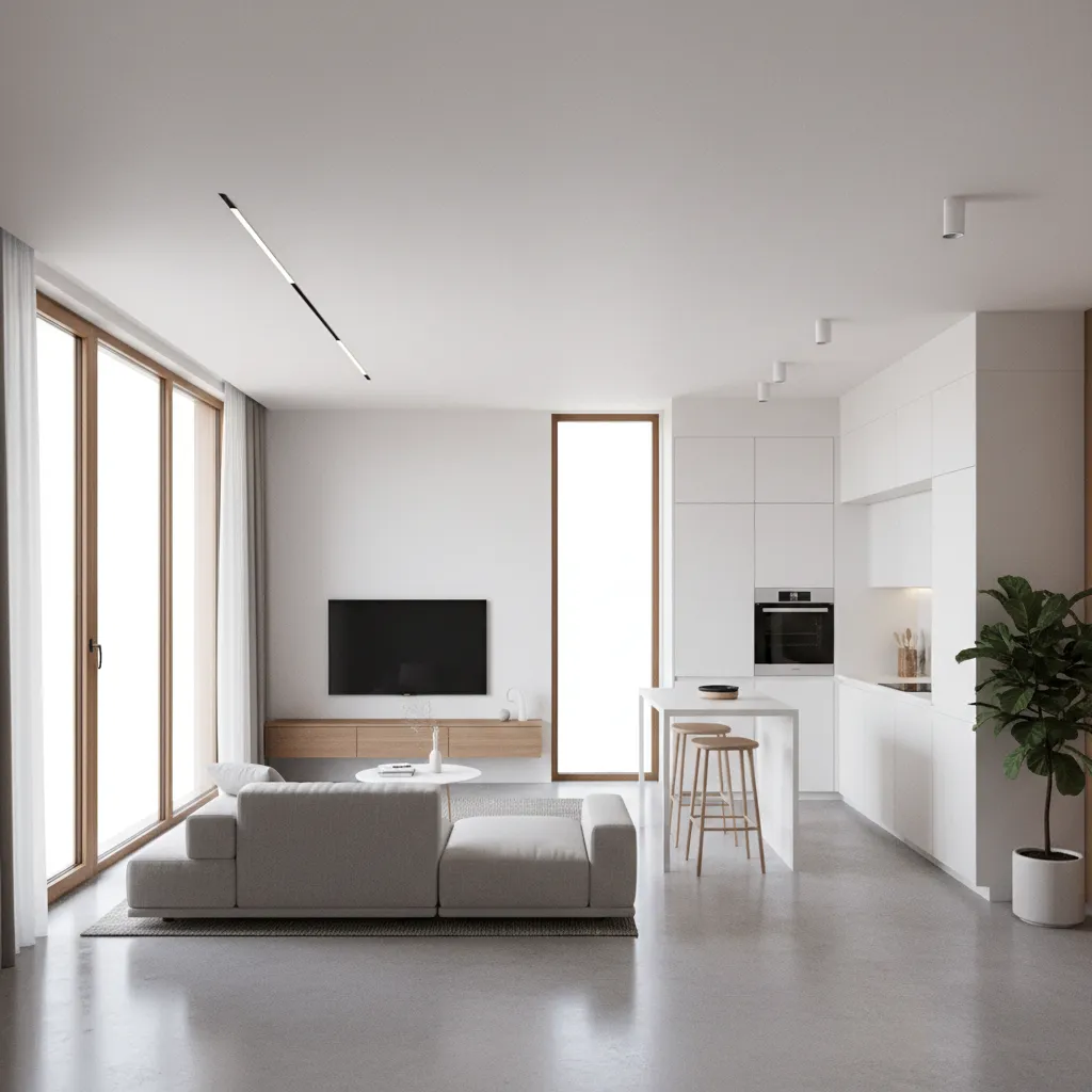 Modern white living room with grey sofa wooden cabinet kitchen area large windows natural light