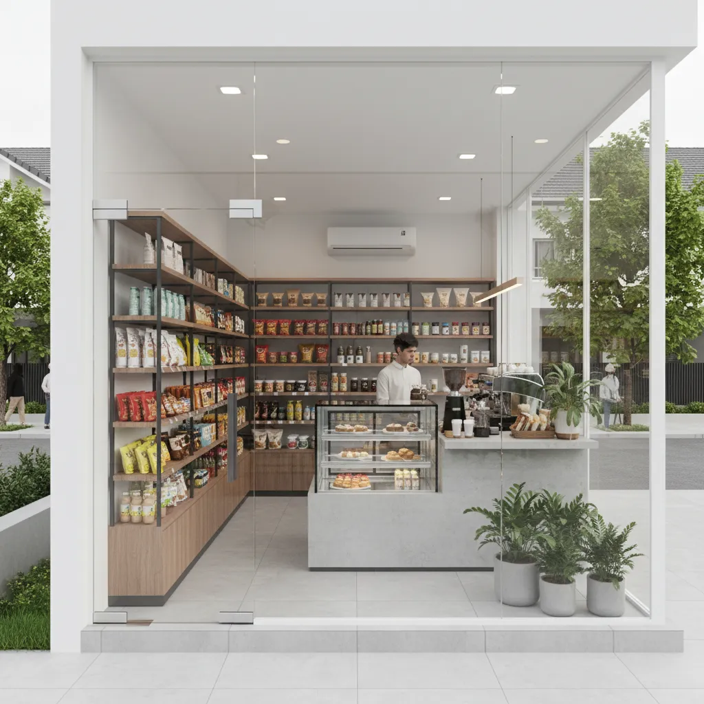 Modern shop interior design drawing showing glass walls shelves a counter plants and light fixtures