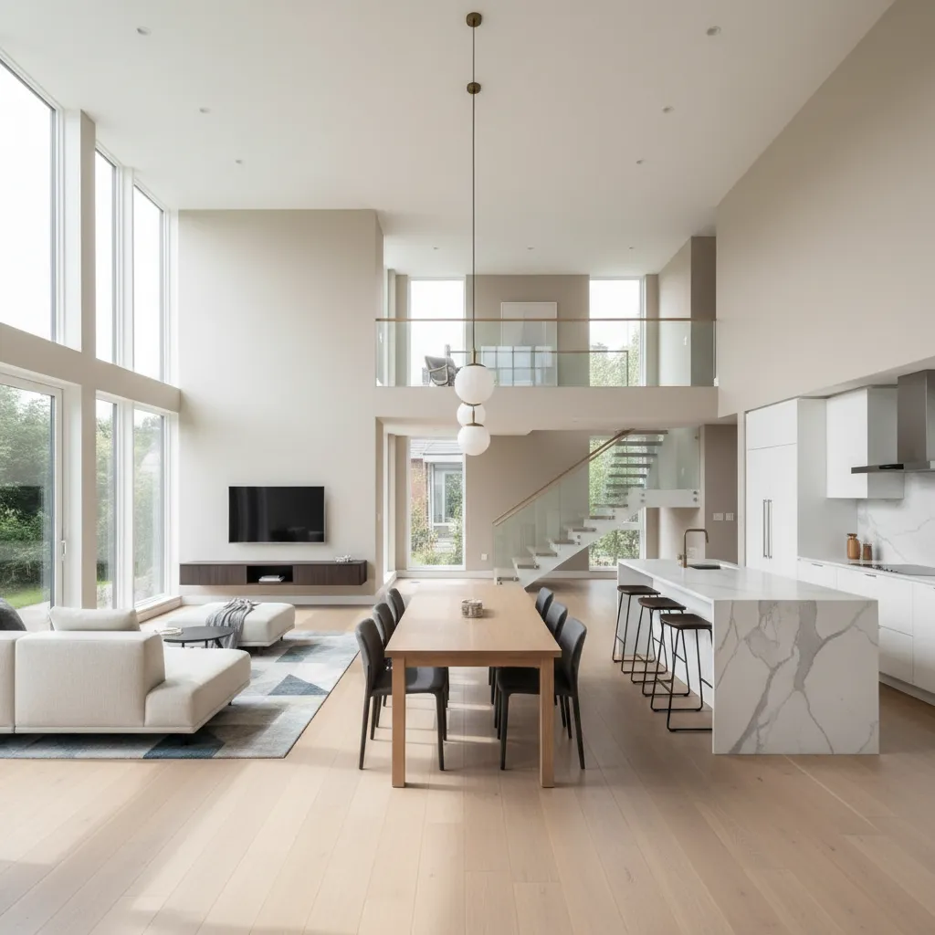 Ilustrasi tata ruang rumah dua lantai dengan ruang keluarga terbuka