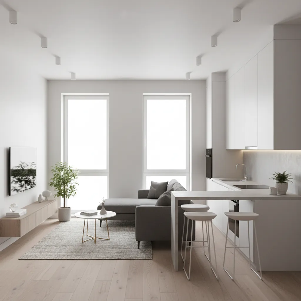 Modern white kitchen and living room with grey sofa, wooden floor, bar stools, and windows