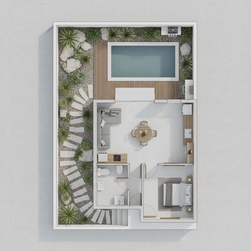 3D floor plan layout showing a house with pool wooden deck garden and white path