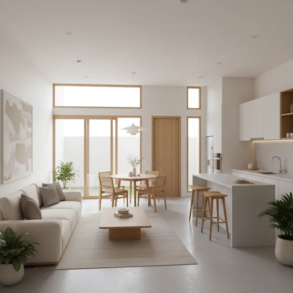 Modern open living area featuring white sofa wooden dining table kitchen island stools and light