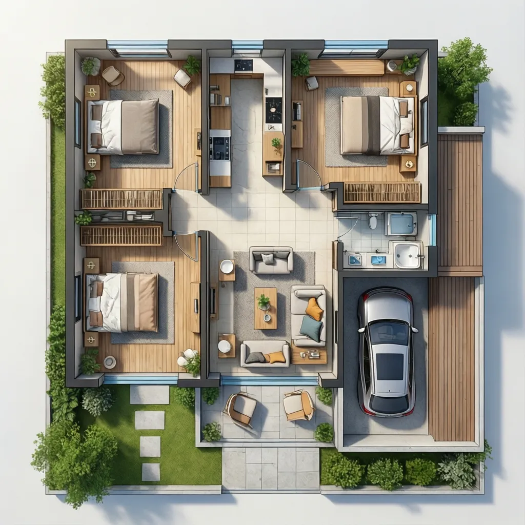 3D floor plan layout showing three bedrooms living room kitchen bathroom and a private garage